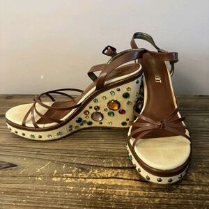 Colin Stuart Brown Wedge Sandals with Gem Accents